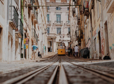 A tram on Calçada do Combro in the centre of Lisbon, Portugal.