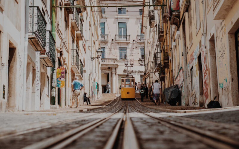 A tram on Calçada do Combro in the centre of Lisbon, Portugal.