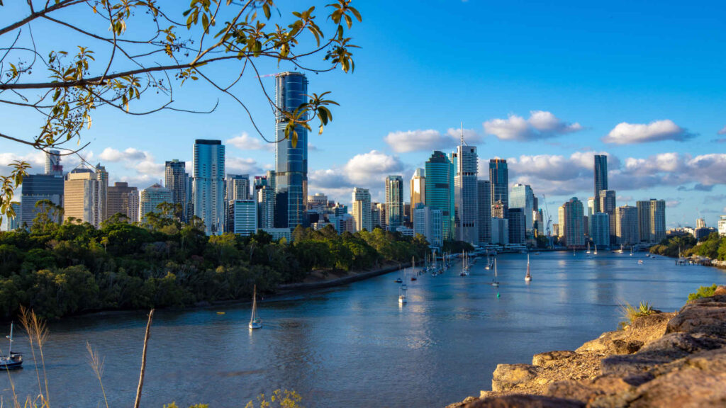 View of the Brisbane skyline overlooking the Brisbane River, in Australia.