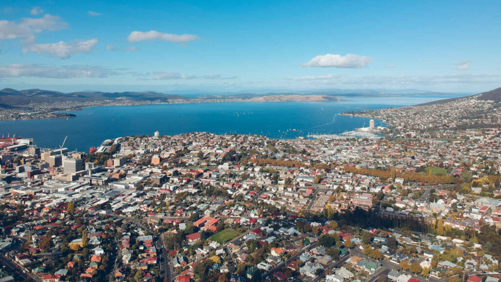 Aerial view of Hobart, Tasmania (Australia).