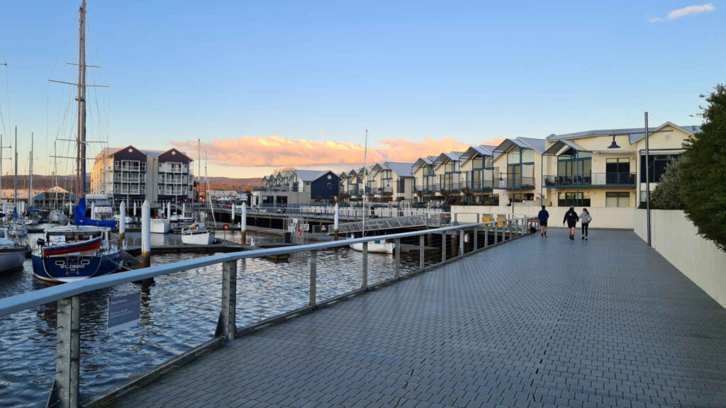 Sunset over river boardwalk in Launceston Tasmania, Australia.
