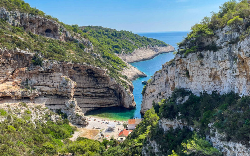 View overlooking a secluded beach on Vis, Croatia.