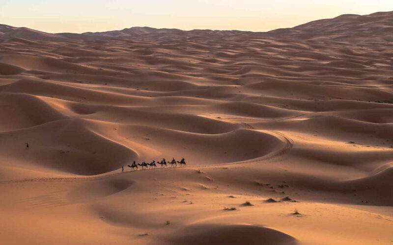 Aerial view of the desert dunes in Merzouga, Morocco.