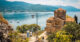 View overlooking a church on Ohrid lake, in North Macedonia.