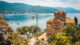 View overlooking a church on Ohrid lake, in North Macedonia.