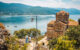 View overlooking a church on Ohrid lake, in North Macedonia.