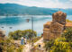 View overlooking a church on Ohrid lake, in North Macedonia.