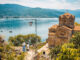 View overlooking a church on Ohrid lake, in North Macedonia.